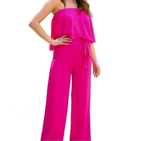 🩷 Lola Grace fuchsia, pink strapless, ruffle jumper jumpsuit size small - Picture 4 of 9